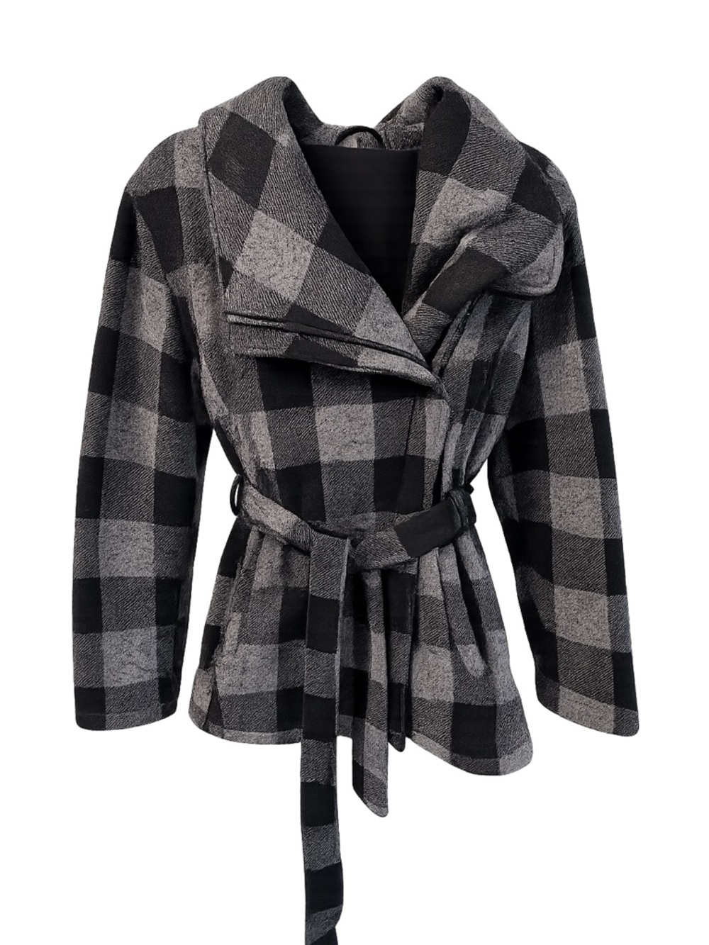 CoffeeShop Black and Gray Plaid Belted Coat size XL